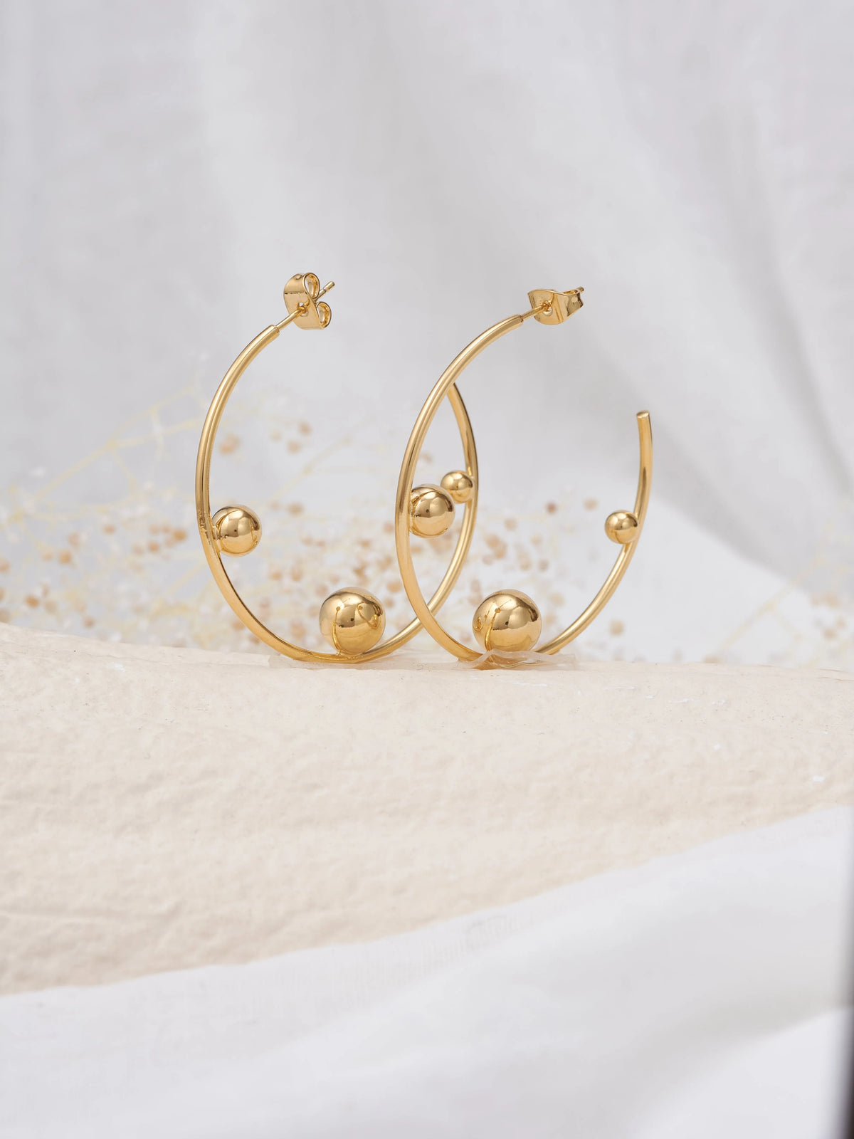 TAMY Women's 24K Gold Hoop Earrings - 3 Welded Beads - Parisian Design